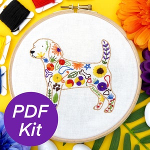 Floral Dog PDF Pattern Embroidery Kit -- Beginners DIY Modern Needlepoint Craft Sewing Pet Gift Animal Lover Rainbow Floral Art Crewel