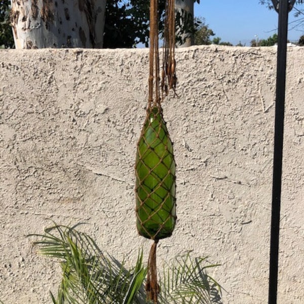 11 1/2" Green Glass, Hanging Solar Bottle, jute tied, Coastal, Nautical, Boho, Wood Beads, White LED