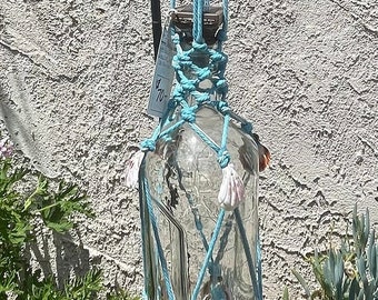 13” Seashell Solar Hanging Lights;  Blue and Hemp Cord, Seashells, White LED solar lights