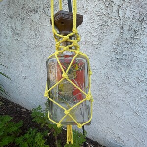May include: A clear glass bottle with a yellow macrame holder, suspended from a brown decorative top. The bottle contains string lights and a colorful label. The macrame is knotted around the bottle and has a tassel at the bottom. The background is a textured white wall.