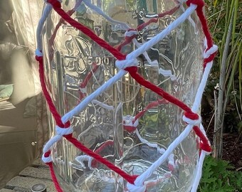 7” Mason Jar, Solar Hanging Lights, Red White Cord, White LEDs, Coastal, Any Occasion