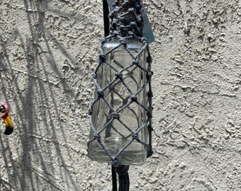 9” Clear Glass Bottle, Solar Hanging Lights, Grey Cording, White LED solar lights, Coastal, Nautical, Boho