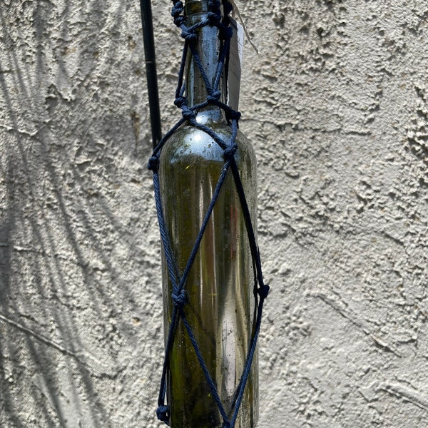 13” Merc Glass Painted Glass Bottle, Solar Hanging Lights, Navy Cord, White Solar LED lights, Nautical, Coastal, Boho