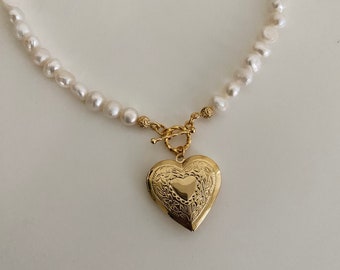 Golden Locket Necklace | 24K Gold Plated Authentic Freshwater Pearls | Minimal and trendy gold jewelry | Heart locket pendant and charm