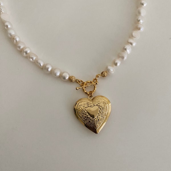 Golden Locket Necklace | 24K Gold Plated Authentic Freshwater Pearls | Minimal and trendy gold jewelry | Heart locket pendant and charm