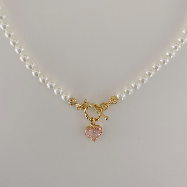 pink crystal zircon heart necklace | faux glass pearl beads | 24k gold plated