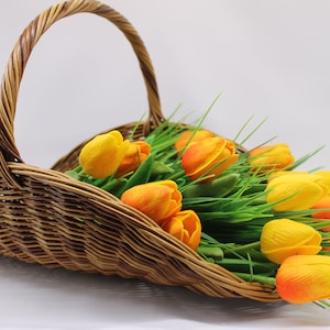 French wicker flower basket in gold melange color, wedding flower basket with handle, oval interior basket, flower gathering basket.
