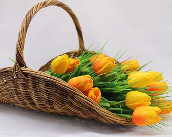 French wicker flower basket in gold melange color, wedding flower basket with handle, oval interior basket, flower gathering basket.