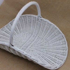 White French wicker flower basket , wedding flower basket with handle, oval interior basket, flower picker basket.