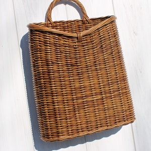 Hanging large wicker basket with handle, golden brown flower basket, hanging door basket, rustic home decor.