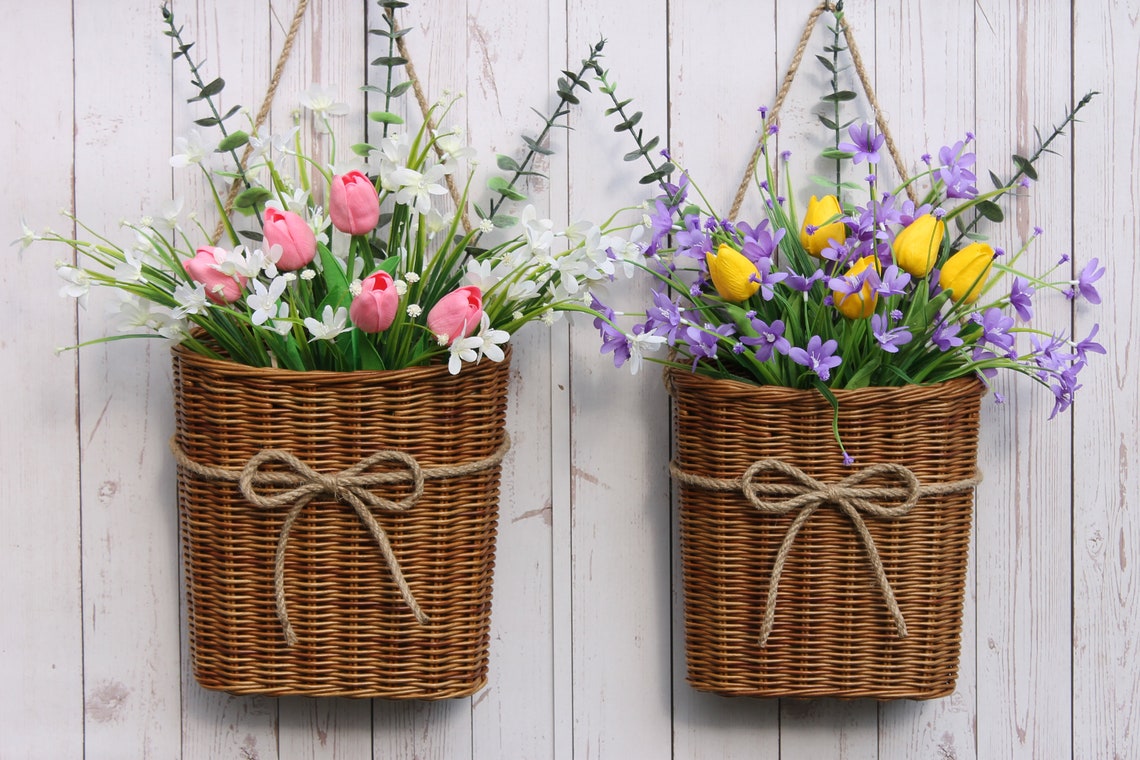 Door basket with artificial flowers. Wall wicker basket for Etsy
