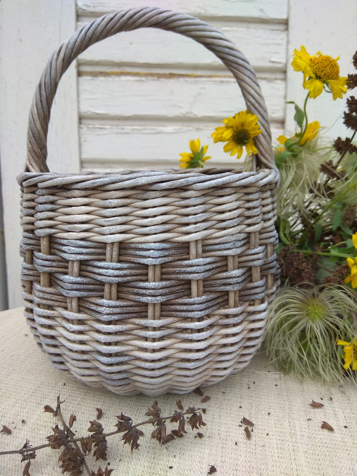 Wicker round basket with handle rustic wedding basket gift Etsy