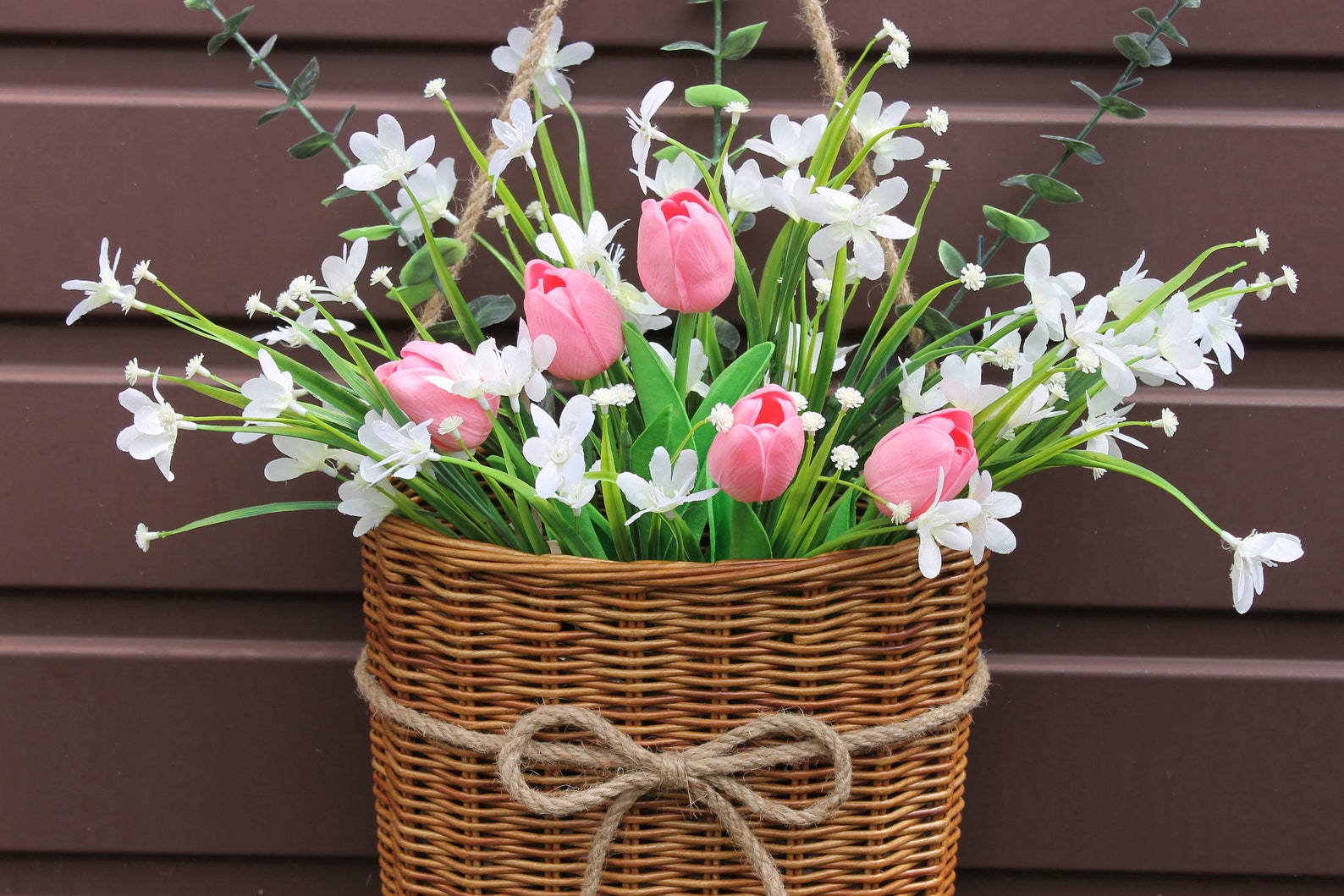Door basket with artificial flowers. Wall wicker basket for Etsy