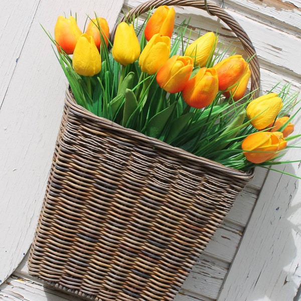Hanging basket with high wicker handle, wall flat basket, rustic floral front door decor, little hanging planter, flower wall basket.