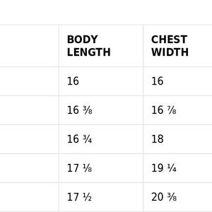 Puede incluir: Gu&iacute;a de tallas para una camisa, que muestra las medidas en pulgadas para la longitud del cuerpo, el ancho del pecho y la longitud de la manga para las tallas XS, S, M, L y XL.