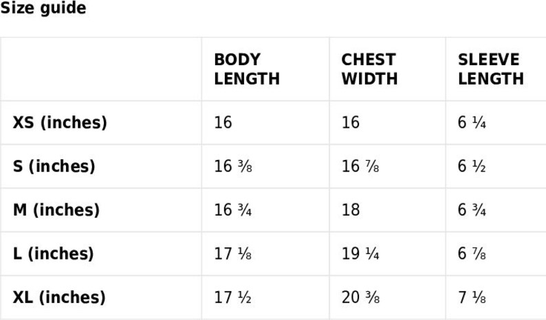 Puede incluir: Gu&iacute;a de tallas para una camisa, que muestra las medidas en pulgadas para la longitud del cuerpo, el ancho del pecho y la longitud de la manga para las tallas XS, S, M, L y XL.