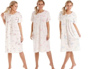 Ladies Cotton Nightgown Women, Sleepwear, Short Sleeved Jersey Floral Print Nighties, Nightdress