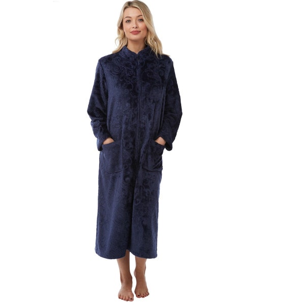 Ladies Zip Through Ribbed Fleece Robe Womens Zipped Dressing Gown Housecoat  | eBay