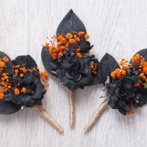 Black orange boutonniere Gothic wedding Halloween Fall buttonhole Wedding flowers
