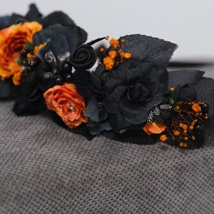 Black orange flower crown, Gothic hair wreath, Halloween wedding, Flower girl crown, Wedding flowers, Bridesmaid crown