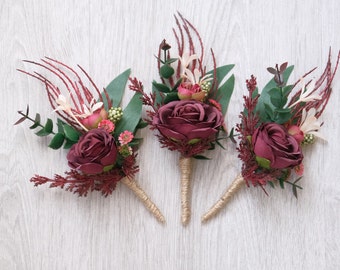 Dusty pink burgundy boutonniere, Burgundy wedding, Wrist corsage, Fall buttonhole, Wedding flowers