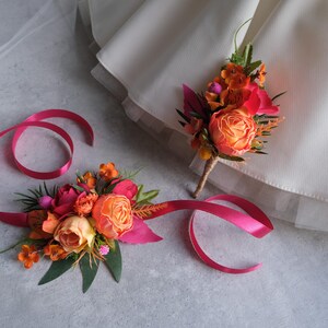 Pink Orange Artificial Flower Corsage, Bridal Wedding Accessories