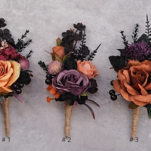 Twilight purple & harvest orange boutonniere Wedding accessories  Fall buttonhole Wedding flowers