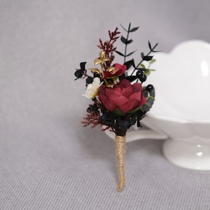 Burgundy black gold ivory boutonniere,  Gothic boutonniere, Halloween wedding, Fall buttonhole, Wedding flowers, Wedding accessories