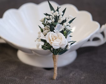 Greenery white boutonniere, Sage green flowers, Greenery wedding, Groom's accessories, Rustic boutonnieres, White boutonnieres