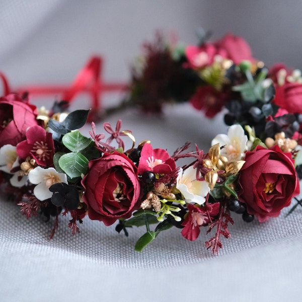 Burgundy black gold flower crown, Gothic hair wreath, Halloween wedding, Flower girl crown, Wedding flowers, Bridesmaid crown