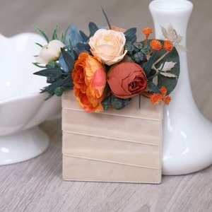 Dark teal rust pocket boutonniere, Navy blue orange accessories, Wrist corsage, Fall buttonhole, Wedding flowers