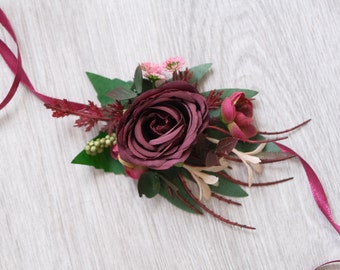 Dusty pink burgundy wrist corsage, Burgundy wedding, Wrist corsage, Fall buttonhole, Wedding flowers