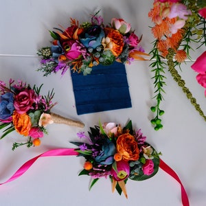 Colorful flower corsage Pink orange teal bridal accessories Multicolor wedding flowers Fall wedding Pink wedding