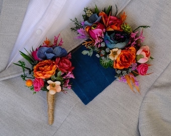 Boutonnière de poche colorée Fleurs de mariage rose orange sarcelle d'hiver Boutonnière pour garçons d'honneur Mariage rose Accessoires fleurs multicolores