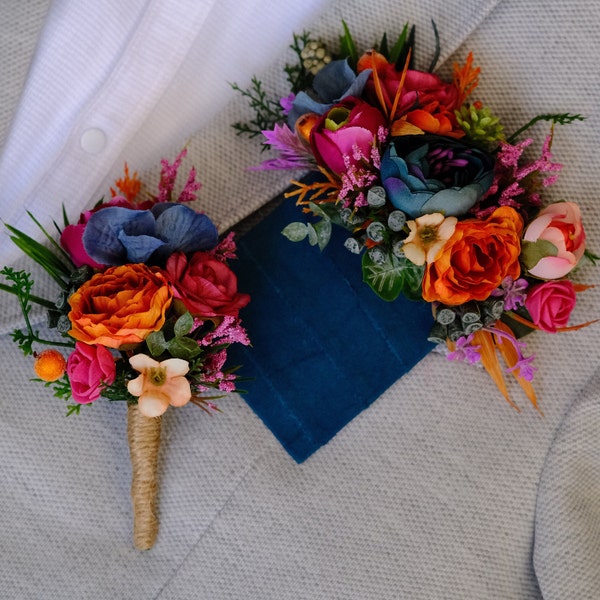 Colorful pocket boutonniere Pink orange teal wedding flowers Groom Groomsmen Buttonhole Pink wedding Multicolor flower accessories