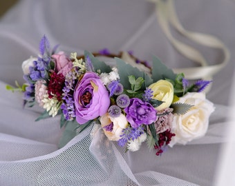 Purple flower crown Lavender tiara Wedding flowers Flower girl crown  Bridesmaid crown
