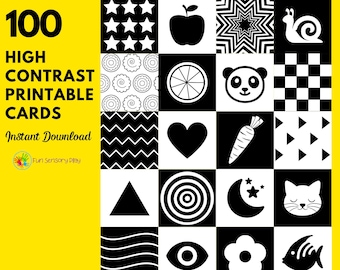 100 High Contrast Baby Flash Cards Printable File, Sensory Cards Newborn, Sensory Play, High Contrast Black and White Prints, Newborn Toy