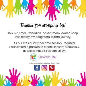 May include: Colorful handprint design with the text "Thanks for stopping by!" and "Fun Sensory Play" with social media icons for Facebook, Instagram, and Pinterest.