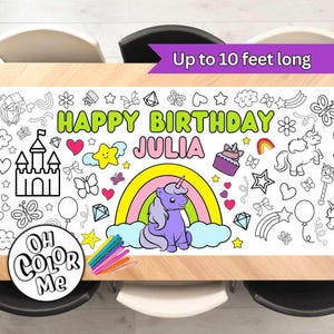 Bandera gigante para colorear para fiesta de cumpleaños de unicornio, camino de mesa de papel, camino de mesa para colorear personalizado para fiesta de cumpleaños, póster de papel para colorear para niños