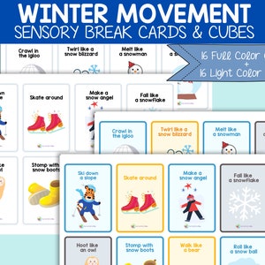 May include: A set of 32 winter movement sensory break cards. The cards are divided into two sets of 16, one set with full colour and one set with light colours. Each card features a winter-themed activity, such as "crawl in the igloo", "twirl like a snow blizzard", "melt like a snowman", "shake like a snowglobe", "ski down a slope", "skate around", "make a snow angel", "fall like a snowflake", "hoot like an owl", "stomp with snow boots", "walk like a bear", and "roll like a snowball".