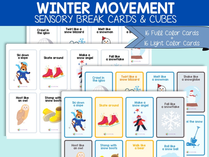 May include: A set of 32 winter movement sensory break cards. The cards are divided into two sets of 16, one set with full colour and one set with light colours. Each card features a winter-themed activity, such as "crawl in the igloo", "twirl like a snow blizzard", "melt like a snowman", "shake like a snowglobe", "ski down a slope", "skate around", "make a snow angel", "fall like a snowflake", "hoot like an owl", "stomp with snow boots", "walk like a bear", and "roll like a snowball".