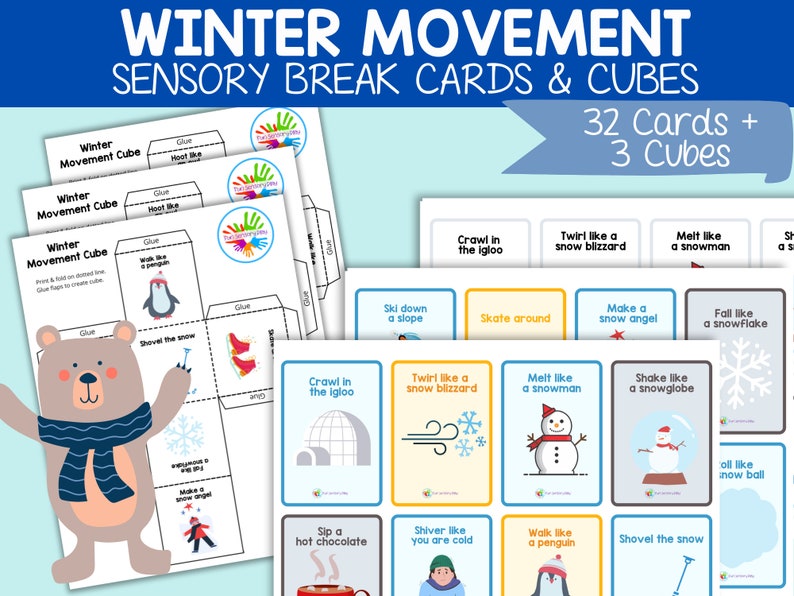 May include: A set of 32 winter movement sensory break cards and 3 printable cubes. The cards feature winter-themed activities such as "crawl in the igloo", "twirl like a snow blizzard", "melt like a snowman", and "shovel the snow". The cubes are designed to be folded and glued together to create a cube with different winter activities on each side.