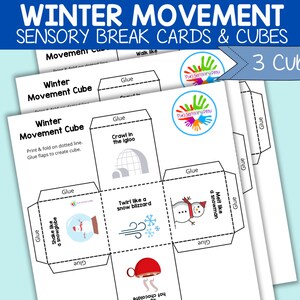 May include: Black and white printable winter movement cube activity for children. The cube has six sides with different winter-themed movement prompts, such as "Crawl in the Igloo" and "Shake like a snowglobe".