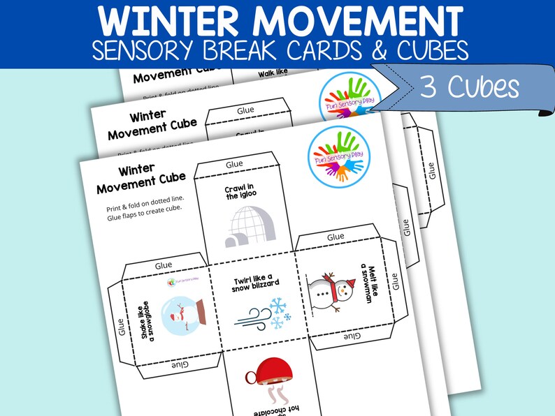 May include: Black and white printable winter movement cube activity for children. The cube has six sides with different winter-themed movement prompts, such as "Crawl in the Igloo" and "Shake like a snowglobe".