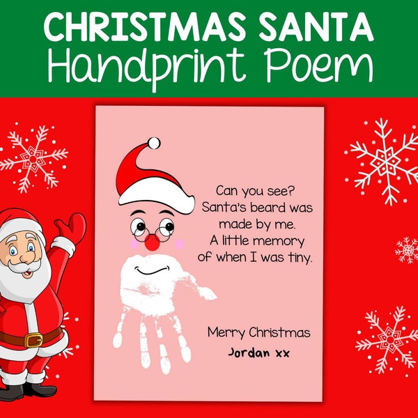 Christmas Santa Handprint Art Poem, Christmas Crafts for Kids, Santa Kids Poem, Handprint Craft, Sensory Craft, Christmas Printable