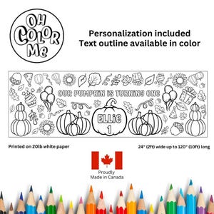 May include: Black and white coloring page featuring a pumpkin with the text "Our Pumpkin is Turning One" and the name "Ellie 1". The page is decorated with fall-themed illustrations like leaves, pumpkins, and sunflowers. It is printed on 20lb white paper and measures 24 inches wide by up to 120 inches long.