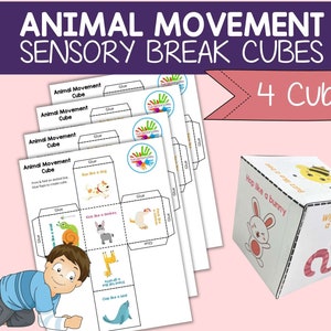 May include: Printable animal movement sensory break cubes. The image shows four printable cubes with different animal movements, such as "run like a dog", "hop like a bunny", "wiggle like a worm", and "kick like a donkey".