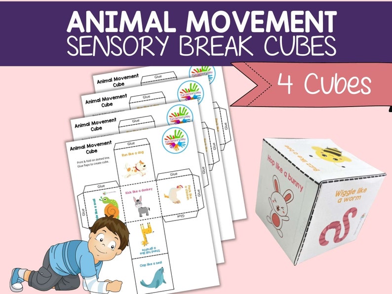 May include: Printable animal movement sensory break cubes. The image shows four printable cubes with different animal movements, such as "run like a dog", "hop like a bunny", "wiggle like a worm", and "kick like a donkey".