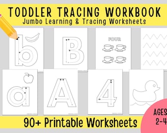 Toddler Alphabet Tracing Workbook Printable (90+ Pages), Alphabet Numbers Shapes Learning, Busy Book Activity Sheets, Preschool Printable,