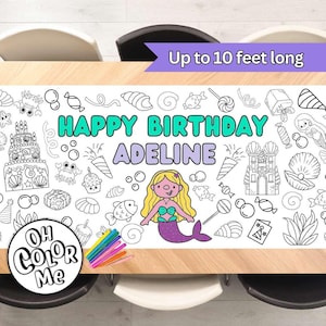 Póster gigante para colorear de sirena para fiesta de cumpleaños, camino de mesa de papel, camino de mesa para colorear personalizado para fiesta de cumpleaños, mantel de papel